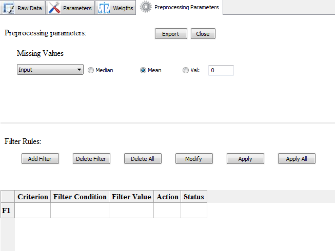 Parameters for the preprocessing and filtering.